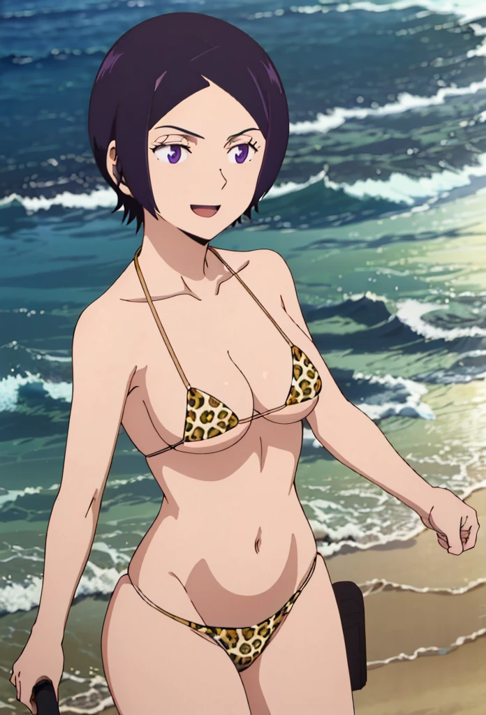 (masterpiece, 4K, highest quality, anime style: 1.9, Detailed face, Lovely, Ocean,Bold Line, High resolution, anime, Lake 4. alone, Curvaceous, Thighs, Cleavage, Medium Chest, smile, Please open your mouth wide, Very slim belly, Cowboy Shot,Leopard print micro bikini,1 girl、Kitora Ai, short hair, Embarrassed expression