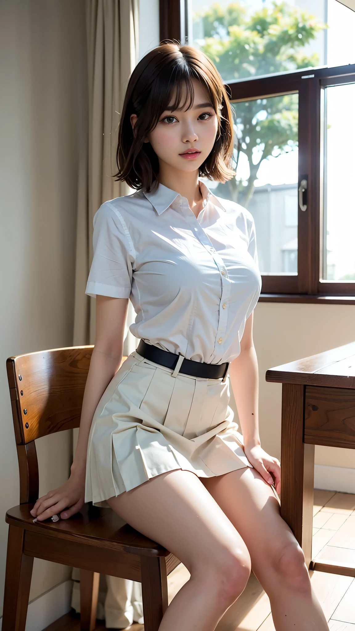 full body, posing, (side-view:0.9), (Professional lighting, light on face), 1 girl, cute little, perfect body, looking at viewer, slim body, (extremely detailed eye and face, beautiful detailed nose, Beautiful detailed eyes), (beauty knee, white thighs), japanese high school student woman, (classroom, wooden desk and wooden chair), ((School Uniform, Short sleeve uniform white shirt)), 18 years old, (semi long hair, bob hair, short hair, hair sidelocks), (Bokeh:1.5)