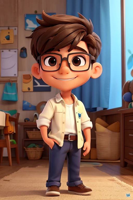 quero um desenho de um menino de 14 anos sorrindo, de cabelos ruivo e oculos redondo