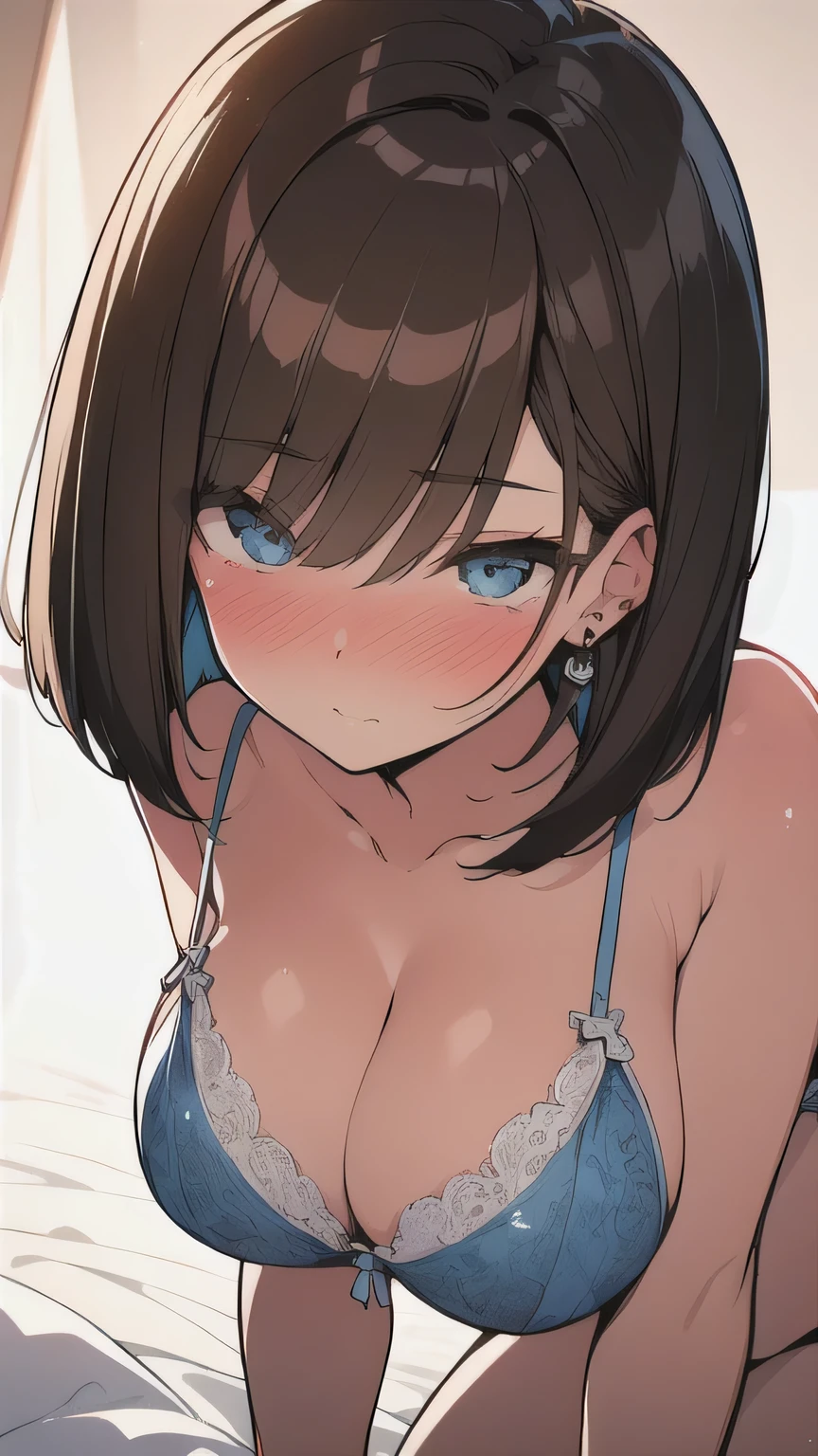 (best quality), (Super detailed), (Best Illustration), (masterpiece), (woman), (all fours:1.2), (white bra), (large breasts:1.2), {brown hair, (sideburns), (bob cut:1.3), curly hair, hairs between eyes, colored inner hair}, {(detailed eyes), blue eyes}, nose blush, earring, bed