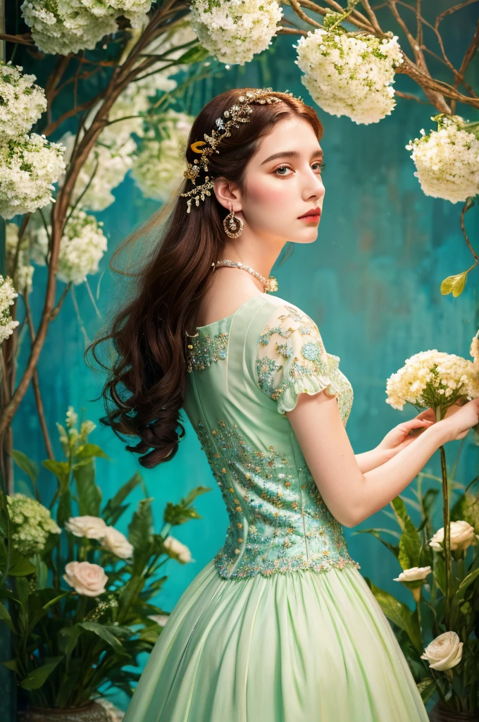 ( masterpiece, top quality, best quality,8k,17 years old girl,ultra detailed,raw photo:1.5),(photorealistic:1.4),(cinematic lighting), PerfectNwsjMajic, , Surrealism, UHD, ccurate, Super detail, textured skin, High detail, Best quality, dynamic angle, (high nose,White skin),[Beautiful blue eyes],(1girl),(good anatomy:0.5)), a woman in a dress with flowers, rococo queen, rococo fashion, rococo style portrait,rococo dress, rococo cyberpunk, No estilo de arte de Bowater, Senhora Vitoriana, Dreamy atmosphere,expressive brush strokes, mystical ambiance, Artistic interpretation, a whimsical illustration, Subtle colors and tones, 