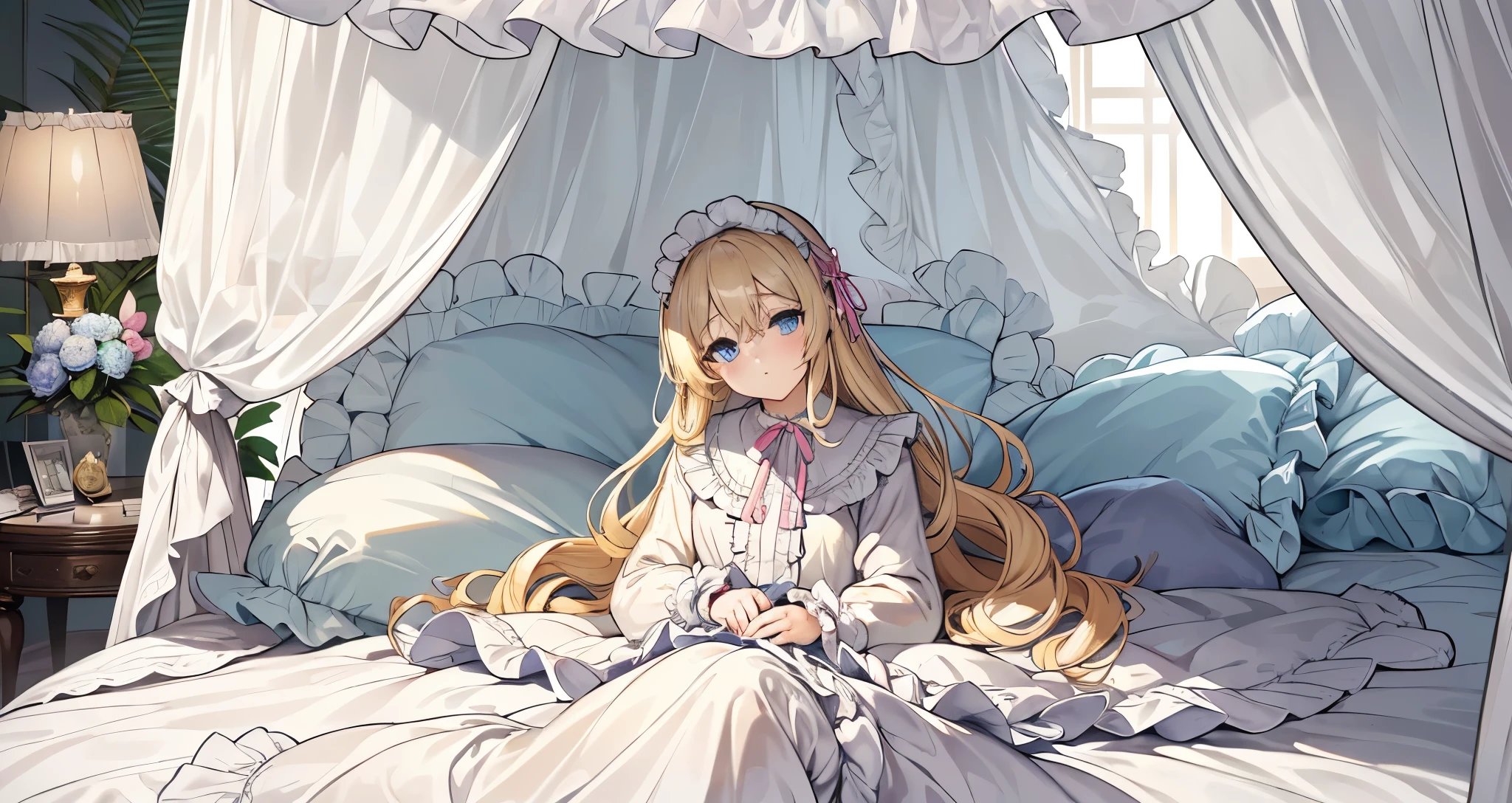 ,highest quality, masterpiece, Highest Resolution, artwork, super それにGet used to it, many Get used to it, Get used to it, それにGet used to it, 3K Aikatsu-style anime illustrations,(( 10 year old girl)),Super detailed baby face,high quality small face,long blonde hair that grows to the waist,blue eyes,白い肌のEuropean,pajamas, European,(((Super long blonde hair))),Curly Hair,blue eyes,((((白のロリータファッションのLong skirtのワンピースドレス)))),((A white nightgown with lots of frills and ribbons)),((1920s style nightgown)),((A gorgeous headdress with frills and ribbons)),Detailed headdress,,(((Large yoke collar))),Yoke collar with ruffles and bow,((((Long sleeve)))),Ruffle sleeves,((((Long skirt)))),White ruffle and lace socks,Large frill and ribbon pillow,(((Nice white clothes))),豪華なCanopy bedの上,Canopy bed,The bed is surrounded by luxurious curtains.,There were a lot of frilly pillows on the bed.,There are a lot of frilly pillows behind the girl.,Highly detailed background,Detailed bed,Soft white comforter,Very fine soft frilly pillow,Beautiful girl illustration,Beautiful face in every detail,Thinning hair,Detailed eyes ,Detailed eyess,Mouth details, Arm details,Beautiful Hands,Detailed pillow,Large bed,Illustration on the bed, ,((((Round futon)))),((((A large frilly futon that covers the entire bed)))),Detailed comforter,Detailed bedシーツ,Before bedtime,Romantic atmosphere,Palace Bedroom,((((The lower half of the body is completely covered by a large cloth.。, Inflated duvet..)))) The girl is leaning against a pile of pillows, ,((((Round futon)))),((((A large frilly futon that covers the entire bed)))),