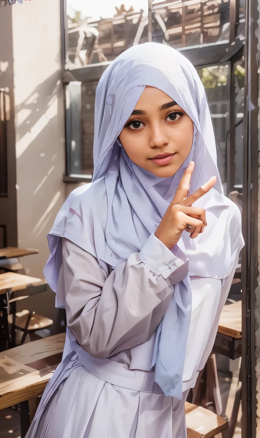 masterpiece, best quality, 8k, 85mm portrait, absurdres, beautiful girl, (upper body:1.4), cute, street,white shirt, (white shirt, long sleeve,grey skirt, plain skirt, grey tie:1.2),(head covered hijab, islamic hijab, white hijab:1.1,silk clothes) shoulder covered,(Indonesia, jakarta:0.7), natural makeup,ulzzang,17 years old, perspective, depth of field, ultra realistic, highres, photography, sharp focus,,HDR, facelight, dynamic lighting, highest detailed, extreme detailed, ultra detailed, finely detail, real skin, delicate facial features,v sign,finger v,classroom,