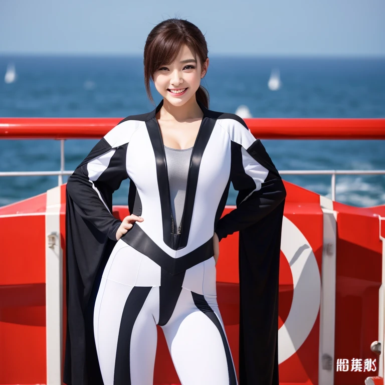 8K High Resolution、Photorealistic and vivid、Stylish, form-fitting metal suit with a mirror finish、Brightly shining combat uniform、Superhero、High leg leotard style、big eyes、A refreshing smile、sexyボディー style and beautiful looks、big 、Without glasses、No hat、ponytail、sexy、charm、Full body image、The background is the deck of a battleship at sea.