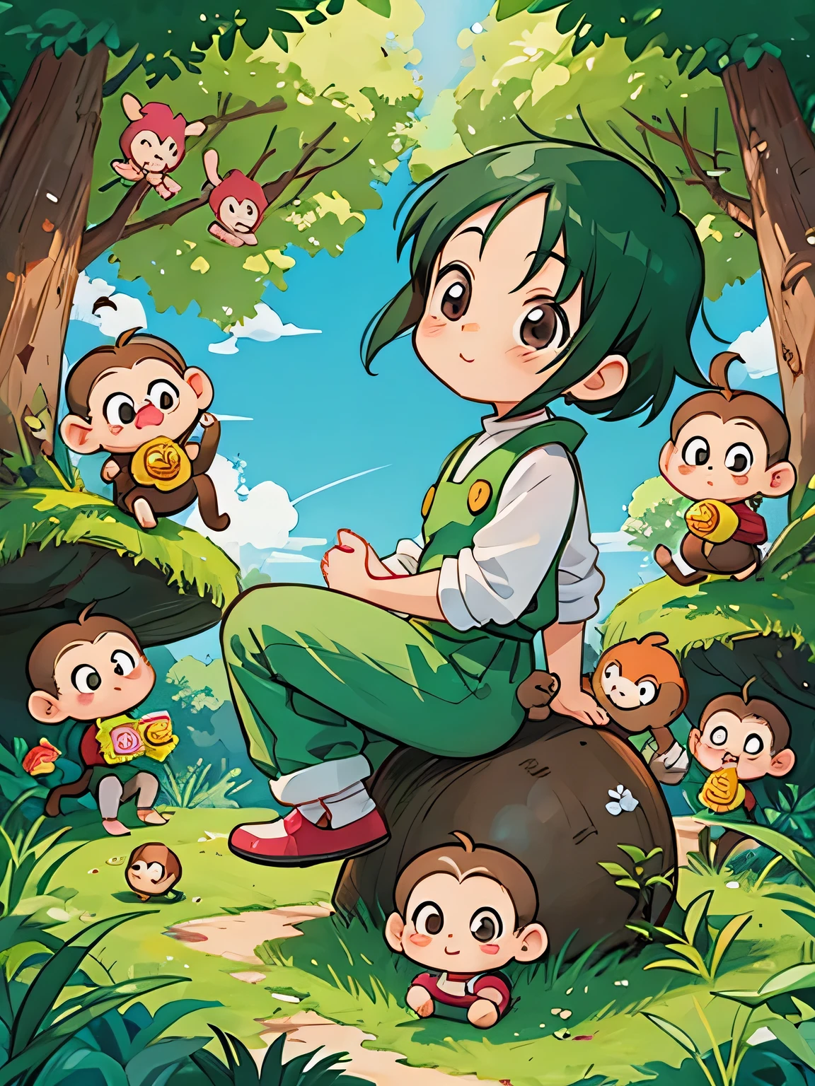 Fujio Akatsuka style, Kawaii Design, monkey, monkey Forest