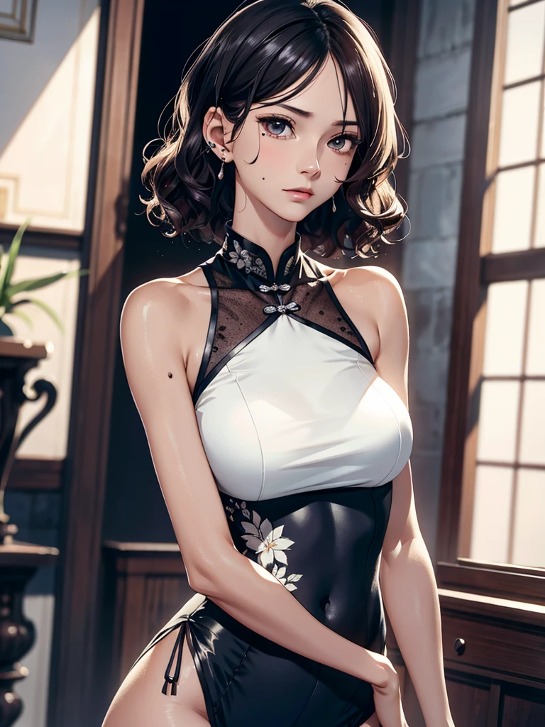absurdres, RAW photo, extremely delicate and beautiful, masterpiece, Best Quality, ultra high resolution, 32k, hyperrealistic, ultra-detailed, perfect anatomy, anatomically correct, perfect figure, super Detailed skin, 20 years old, very Slim body, narrow waist, very small head, very small face, delicate facial features, detailed face, detailed eyes, tearful mole, earring, thin legs, bare legs, very huge round breasts, short medium hair, ((wavy hair)), wet clothes, embroidered cheongsam,