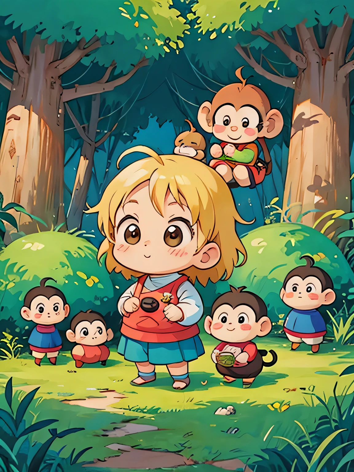 Akira Toriyama style, Kawaii Design, Chibi girl monkey, monkey Forest