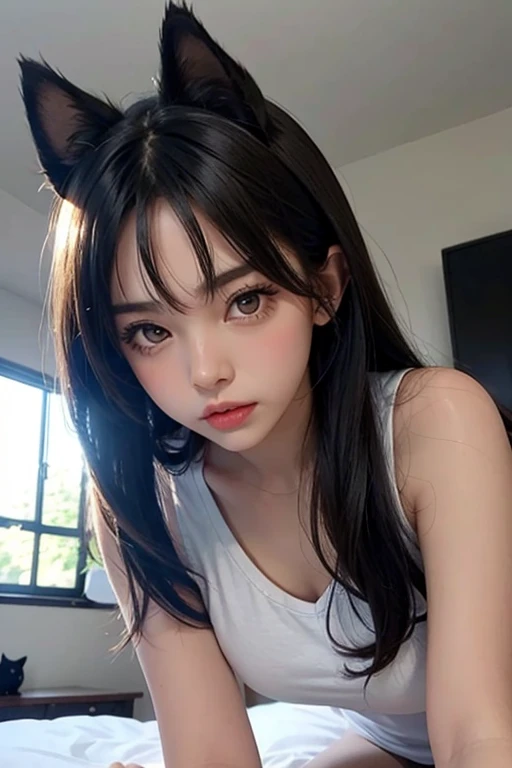 １People Girls、Shoulders out、Large white simple T-shirt、Looking down at the viewer、Black Hair、Small black cat ears、Leaning over the viewer on the bed、On all fours、White shorts、Raised eyebrows、I can see the ceiling、Large Breasts、(Angry:1.1)、(Lips are pointed.:1.1)、Blushing、Brown eyes、Long Hair、whole body、(Touching the viewer&#39;s cheek with both hands:1.3)、Asahi,　Looking straight at the viewer