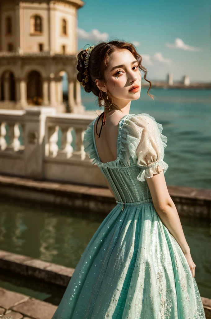 ( masterpiece, top quality, best quality,8k,17 years old girl,ultra detailed,raw photo:1.5),(photorealistic:1.4),(cinematic lighting), PerfectNwsjMajic, , Surrealism, UHD, ccurate, Super detail, textured skin, High detail, Best quality, dynamic angle, (high nose,White skin),[Beautiful blue eyes],(1girl),(good anatomy:0.5)), a woman in a dress, rococo queen, rococo fashion, rococo style portrait,rococo dress, rococo cyberpunk, No estilo de arte de Bowater, Senhora Vitoriana, Dreamy atmosphere,expressive brush strokes, mystical ambiance, Artistic interpretation, a whimsical illustration, Subtle colors and tones, 