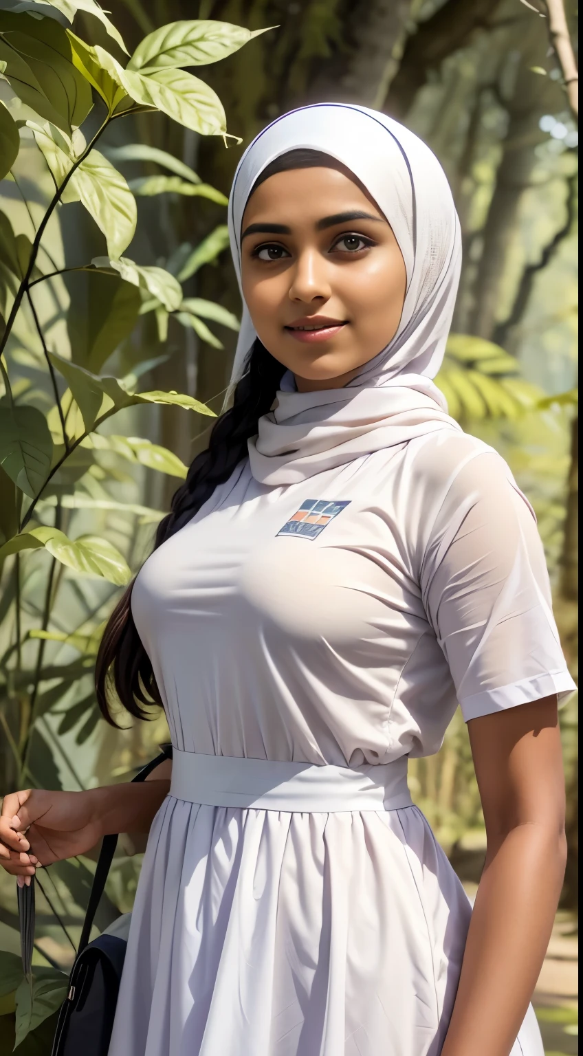 RAW, Best quality, high resolution, masterpiece: 1.3), beautiful indian school girl in white hijab (iu:0.8) and wearing white frock and tie , uniform,Best quality, high resolution, Masterpiece: 1.3, Beautiful  hijabi indian girl, Masterpiece, Soft smile, Realistic, 1girl, charming eyes, glowing eyes,parted lips, big breast, full-length, beautiful figure, aesthetics of the female body, with a large backpack, detailed clothes, mysterious forest, beautiful forest, nature surrounded by flowers,  tender leaves and branches surrounded by fireflies (natural elements), (jungle theme), (leaves), (branches), (fireflies), (particle effects), etc.3D Octane rendering, ray tracing, super detailing viewer, closeup