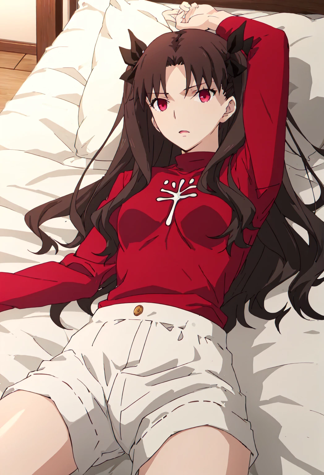 Rin tohsaka lying on bed wearing only white long sleeve