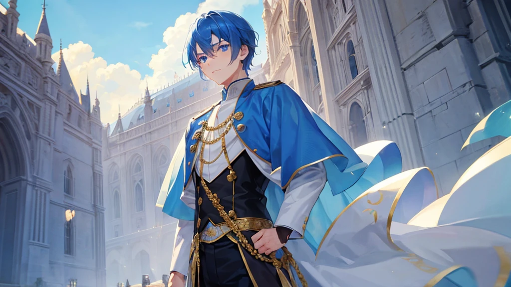 cute boy with blue eyes, blue hair, Two-Block Haircut, royal clothes, palace, 8k resolution, sky,