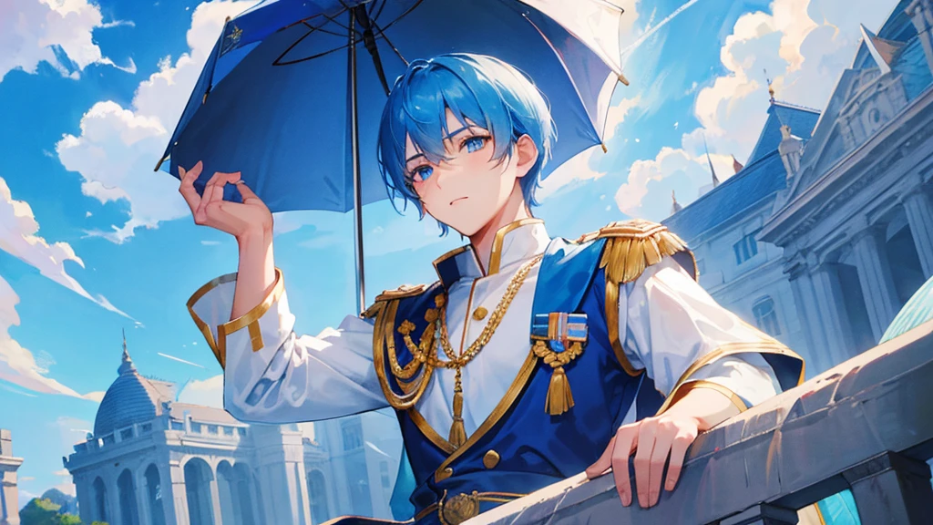 cute boy with blue eyes, blue hair, Two-Block Haircut, royal clothes, palace, 8k resolution, sky,