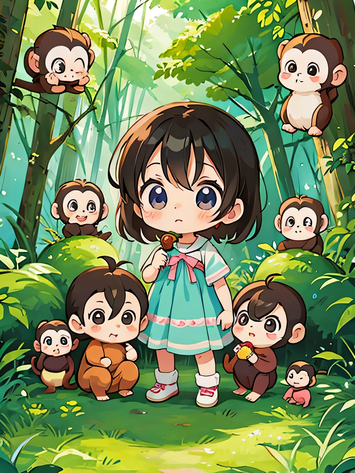 Ai Yazawa style, Kawaii Design, Chibi girl monkey, monkey Forest