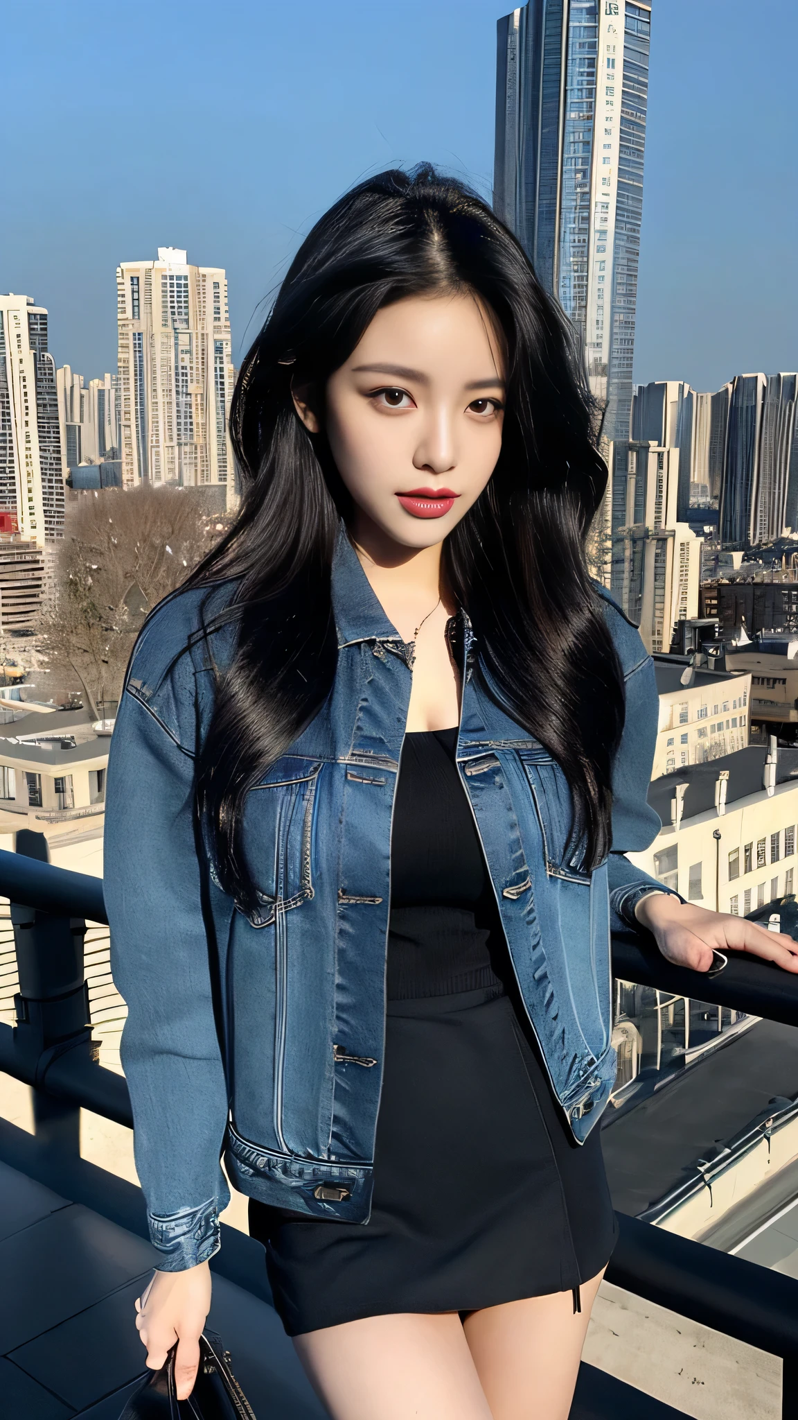 ((midnight, best quality, 8 thousand, masterpiece :1.3)), (enlargement), sharp focus, pretty girl with perfect body, ((black hair, )), (denim jacket, short skirt, standing), ((big city view, rooftop)), Highly detailed face and skin textures, detailed eyes, double eyelid,