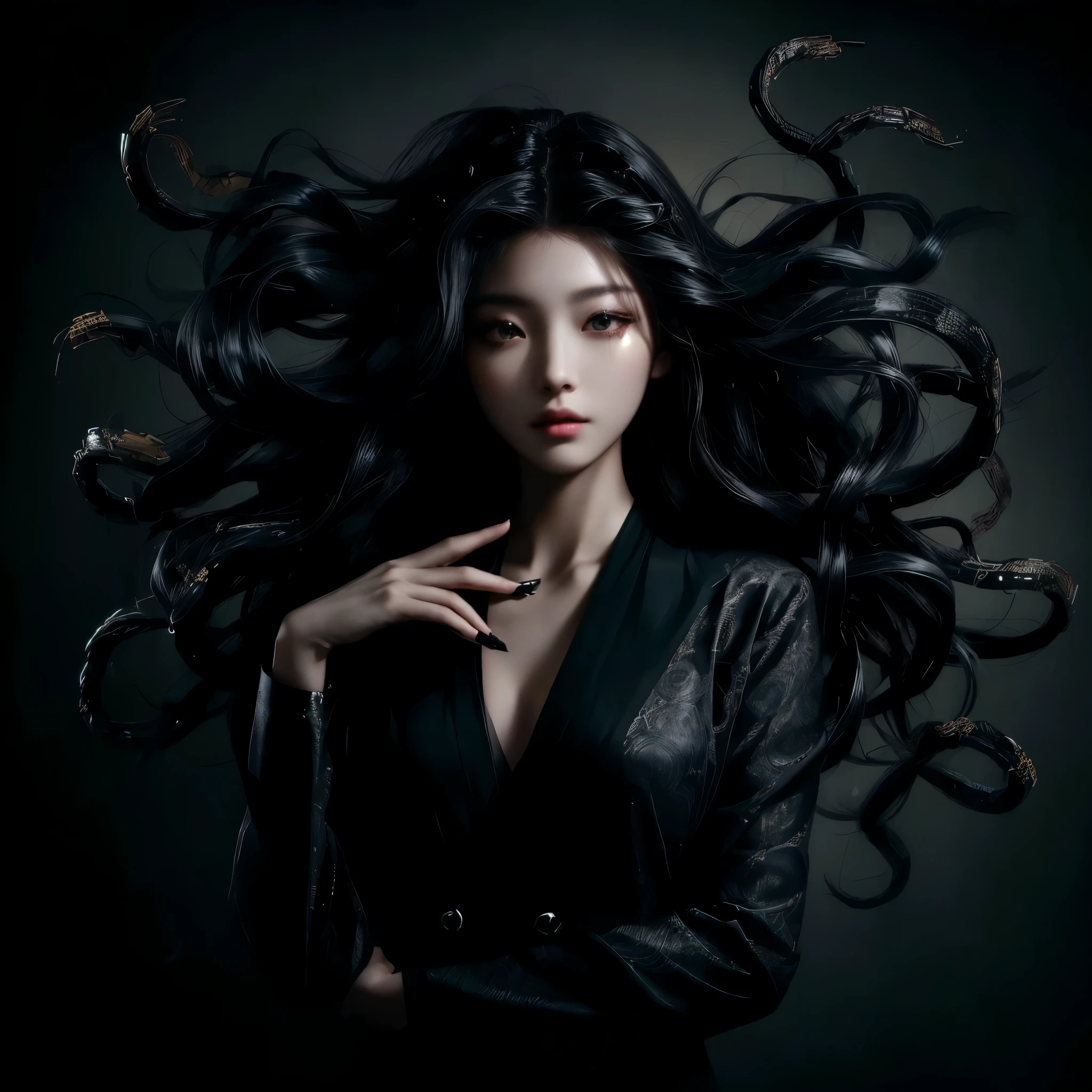 Modern Medusa、A young Japanese woman with dark hair poses for a photo, dark Portrait of Medusa, Many snakes like her hair, Dark Queen of Snakes, Woman medusa long hair, Long, flowing Medusa hair, Beautiful witch with long hair, Beautiful female gorgon, Goddess of Darkness with Six Arms, Portrait of Medusa, Boiling Medusa, Swirling black hair, Beautiful witch spooky woman、Her hair is made up of multiple detailed snakes