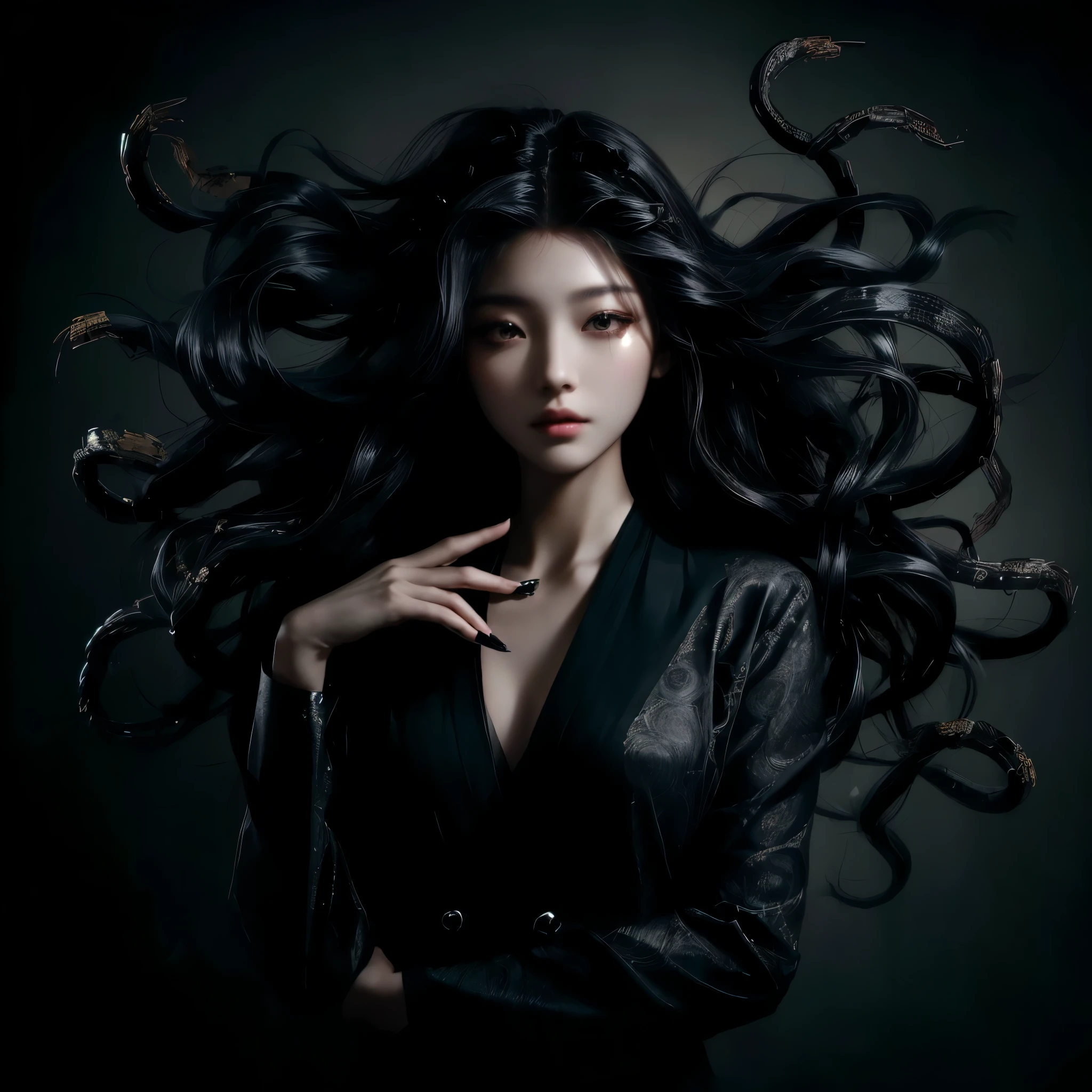 Modern Medusa、A young Japanese woman with dark hair poses for a photo, dark Portrait of Medusa, Many snakes like her hair, Dark Queen of Snakes, Woman medusa long hair, Long, flowing Medusa hair, Beautiful witch with long hair, Beautiful female gorgon, Goddess of Darkness with Six Arms, Portrait of Medusa, Boiling Medusa, Swirling black hair, Beautiful witch spooky woman、Her hair is made up of multiple detailed snakes