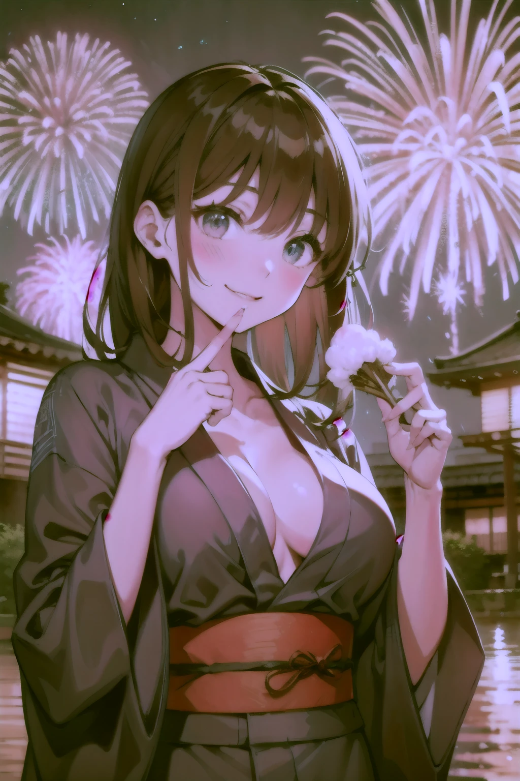 top-quality、Full limbs、complete fingers、Slender beauty、straight haired、Brown hair、Longhaire、(navy blue yukata:1.3)、floral Yukata、Summer Festivals、River、Beautiful Large Breasts、A big smile、eating cotton candy、sexypose、nigh sky、skyrocket、Looking up at the fireworks