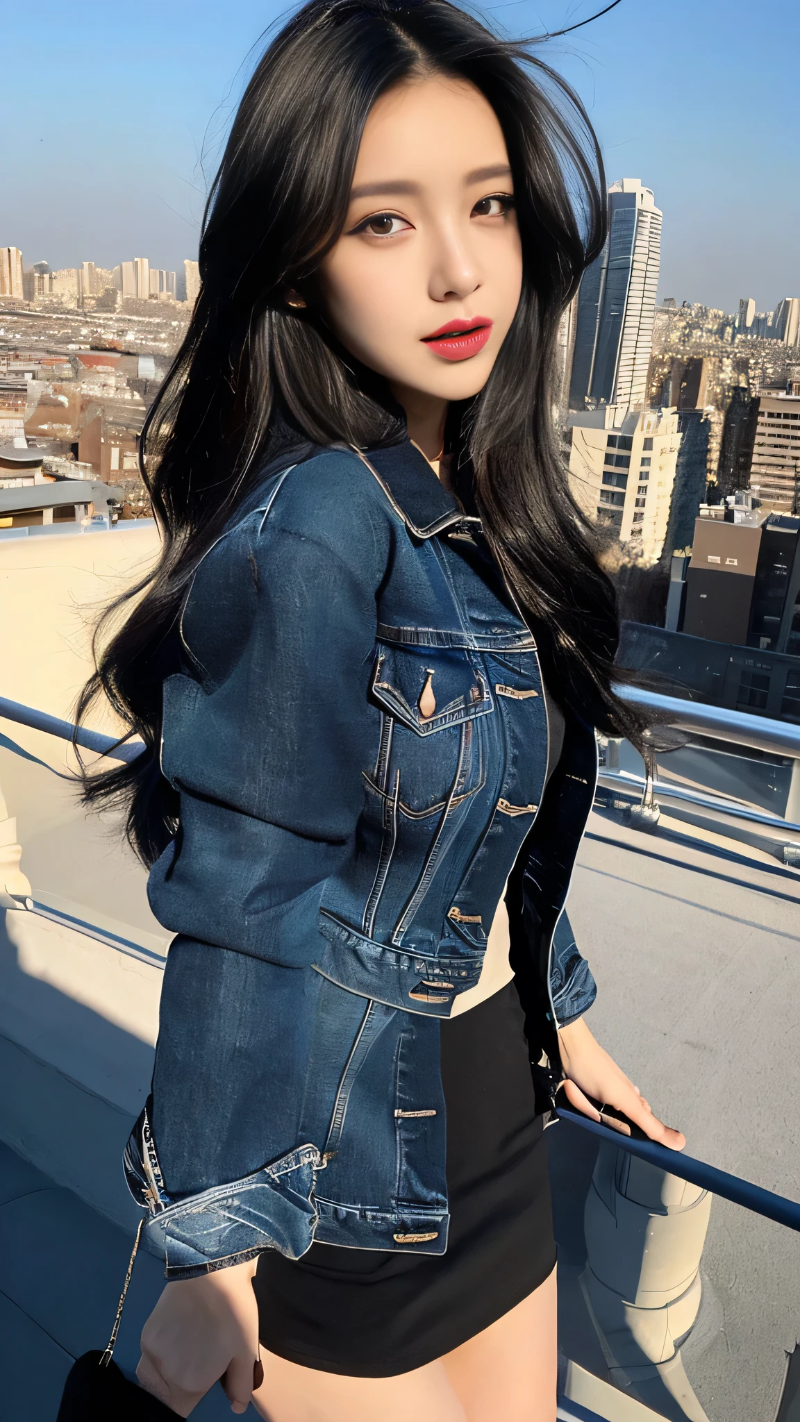 ((midnight, best quality, 8 thousand, masterpiece :1.3)), (enlargement), sharp focus, pretty girl with perfect body, ((black hair, )), (denim jacket, short skirt, standing), ((big city view, rooftop)), Highly detailed face and skin textures, detailed eyes, double eyelid,