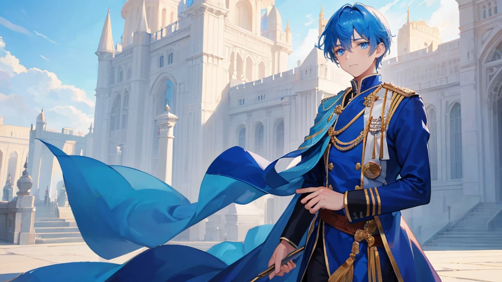 cute boy with blue eyes, blue hair, Two-Block Haircut, royal clothes, palace, 8k resolution, sky,