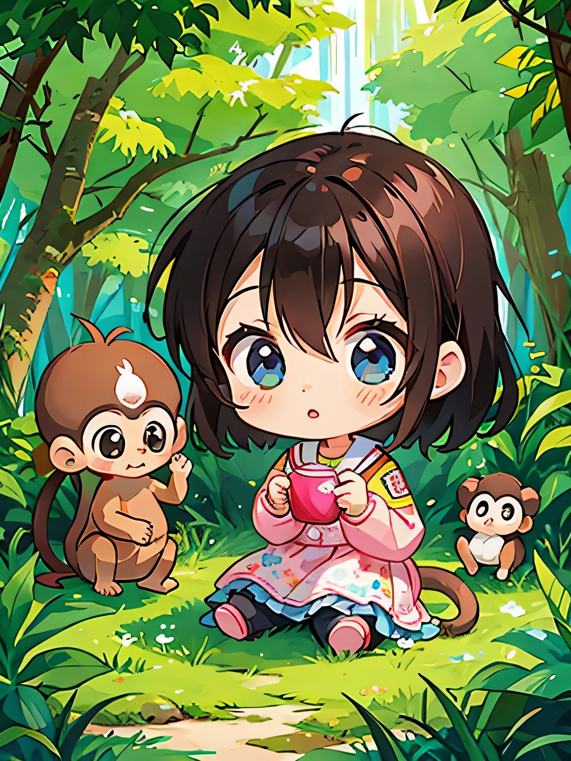 Ai Yazawa style, Kawaii Design, Chibi girl monkey, monkey Forest