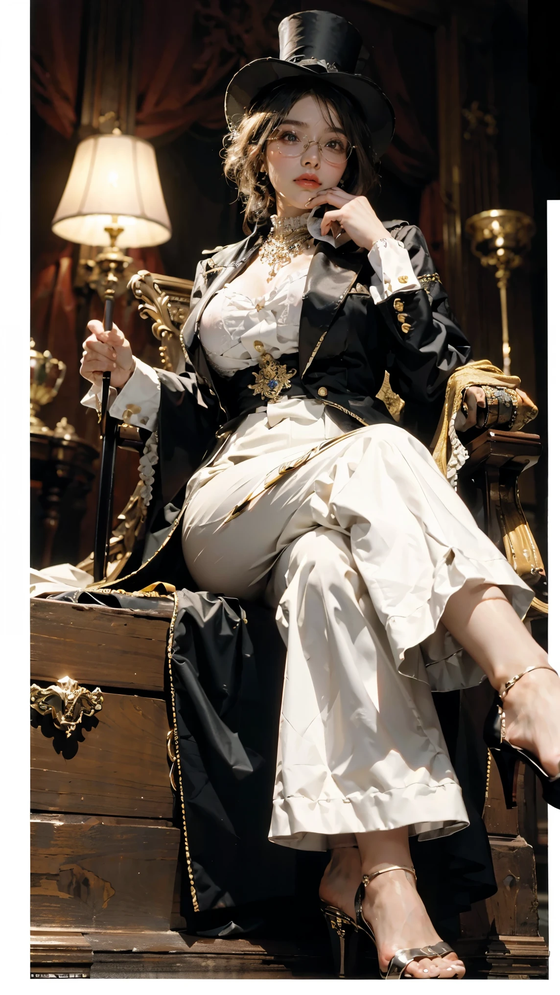 ((best quality)),Female boss wearing glasses,fat leg,High heel,Cross your legs,sad,Luxurious,Holding a cane,From below,Top Hat,large breast,The background is the bank,fat girl,fat face,White,White的,High heel,short hair,((masterpiece)),((1 girl)), Lots of details,((jewelry)),trousers, (Nikolai Fehin),(Fitchin cloth, Facin, )