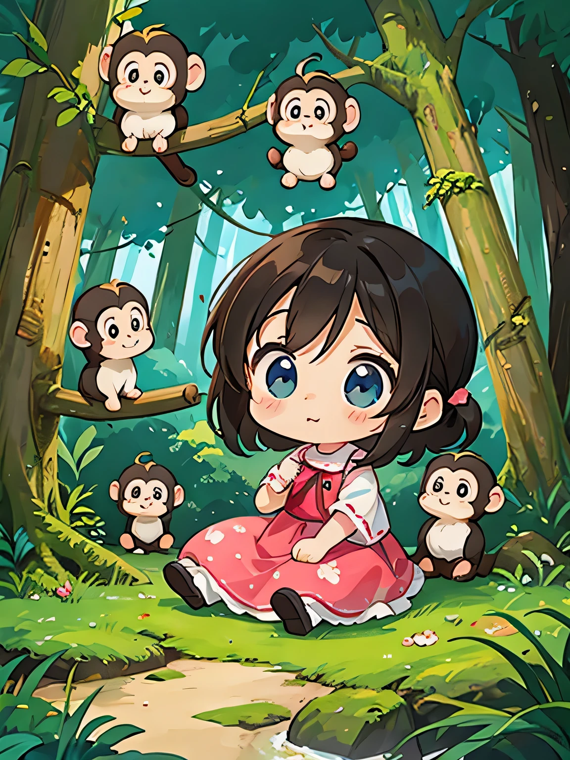 Ai Yazawa style, Kawaii Design, Chibi girl monkey, monkey Forest