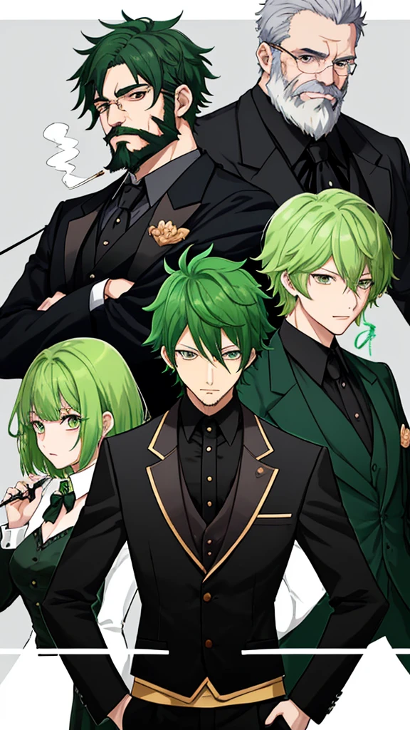 Vtuber-style anime illustration、male、40 years old、beard、Short Hair、Green Hair、Black suit、Black tie、A stern middle-aged man、Sharp Eye、Holding a cigarette、
