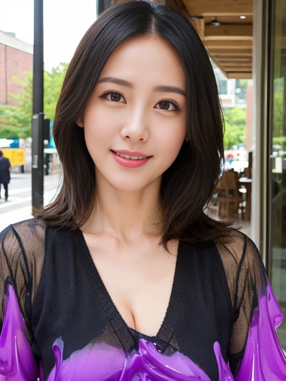 8k quality，masterpiece,best quality,cleveage,Shopping street,(Perfect body beauty:1.2),Black underwear exposed,，Smile，Go shopping,sweater open,A woman who looks 50 years old,Slightly plump women，A beautiful woman who looks a bit older，Micromeat，black slime shapeshifter，