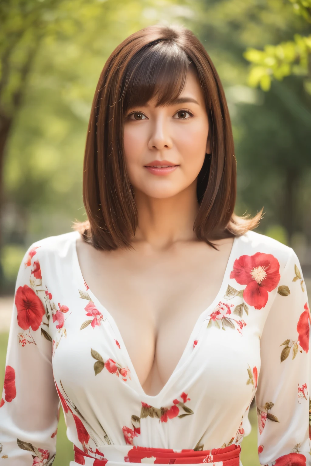 highest quality, masterpiece, High resolution, Photorealistic, RAW Photos, 8k wallpaper, perfection, Professional Lighting, Very detailed, Written boundary depth, ((One beautiful woman)), 40 years old, Sexy Woman, ((white and red floral dress)), Upper Body, ((View Viewer)), Detailed face, Beautiful Eyes, ((Look forward)), at the park, sunny, bangs, Shapely breasts, Cleavage, Light brown straight hair, Faint lips, Cowboy Shot