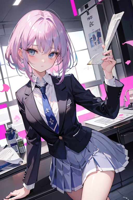 masterpiece、top quality、1 girl、slim、Short、gray hair、long、long 아호게 하나、pink hair、white shirt、dark blue pleated skirt、black blazer、necktie、flat chest、Zito order、Viewer's Perspective