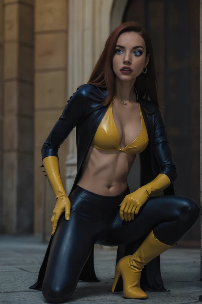 Slim young woman, full body, low legs, Legacy apartment, T-shirt, cleavage, navel showing, crotch showing, (wrinkles on leggins remarking the shape), crystal blue eyes, red hair , daylight, ((black spandex)) , yellow leather cloak,black latex costume and yellow boots high heels