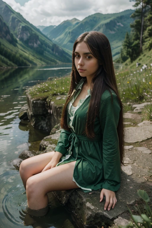 Costume, long hair, girl, big eyes, green mountains and green water,