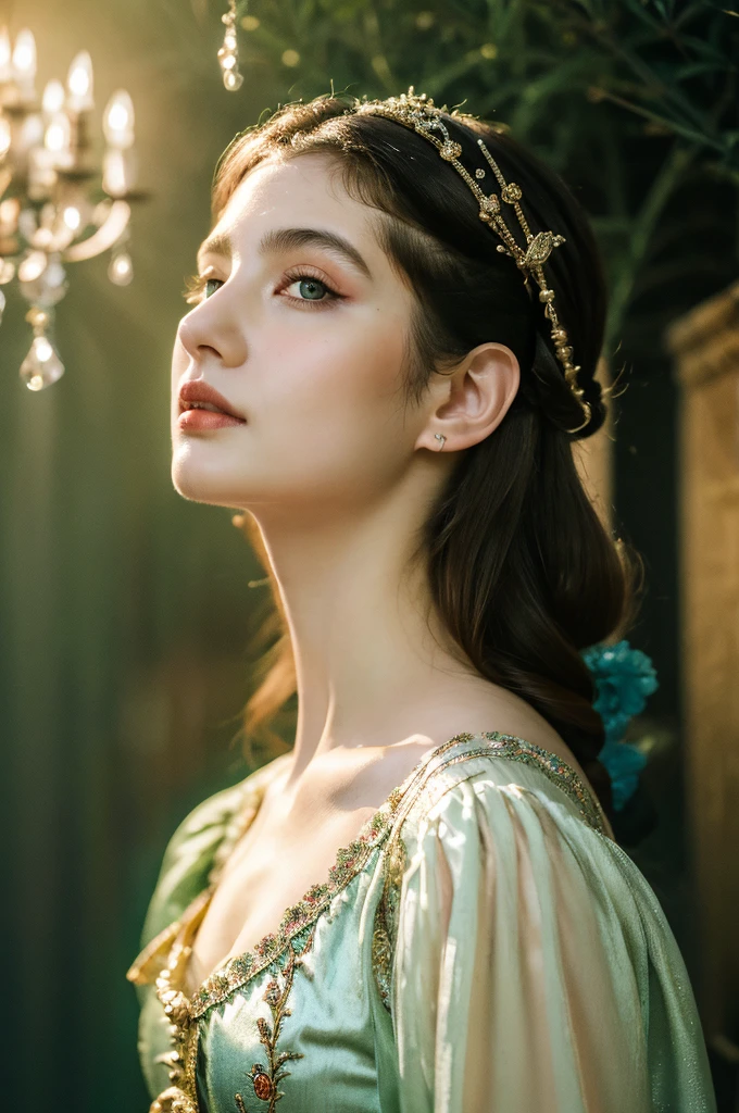( masterpiece, top quality, best quality,8k,17 years old girl,ultra detailed,raw photo:1.5),(photorealistic:1.4),(cinematic lighting), PerfectNwsjMajic, , Surrealism, UHD, ccurate, Super detail, textured skin, High detail, Best quality, dynamic angle, (high nose,White skin),[Beautiful blue eyes],(1girl),(good anatomy:0.5)), a woman in a dress, rococo queen, rococo fashion, rococo style portrait,rococo dress, rococo cyberpunk, No estilo de arte de Bowater, Senhora Vitoriana, Dreamy atmosphere,mystical ambiance, Artistic interpretation, a whimsical illustration, Subtle colors and tones, 