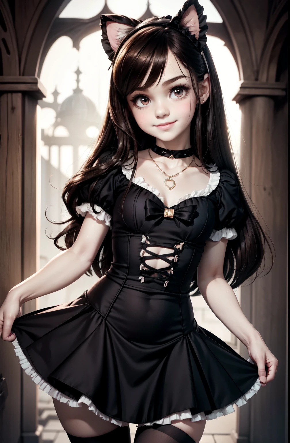 very young slender girl, full length, round face, very long tousled dark brown hair, big brown eyes, shy smile, perfect flat chest, faux cat ears headband, Gothic lolita, pararoro, puffy sleeves, short sleeves, necklace, frill, bows, ribbons, tight microdress, Very short dress
