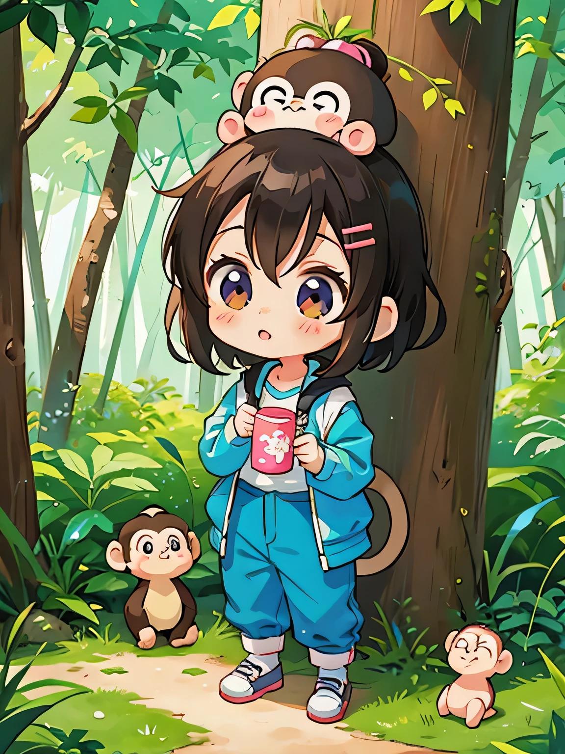 Ai Yazawa style, Kawaii Design, Chibi girl monkey, monkey Forest