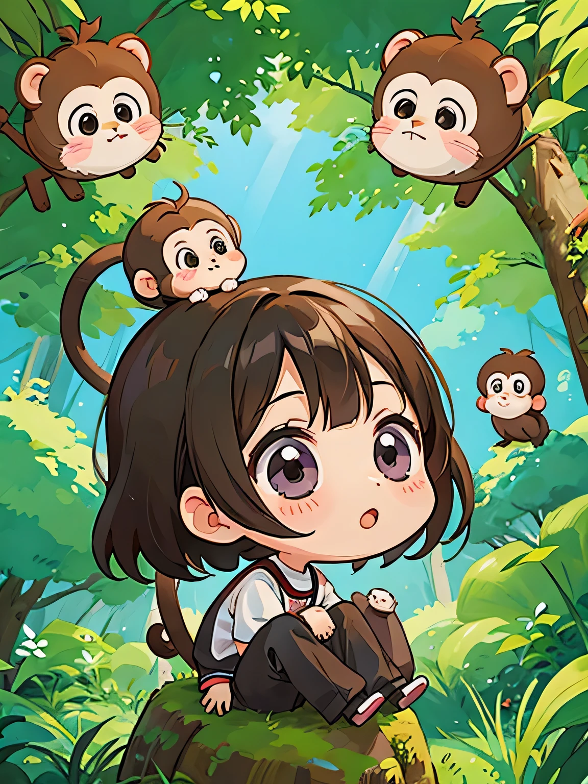 Ai Yazawa style, Kawaii Design, Chibi girl monkey, monkey Forest
