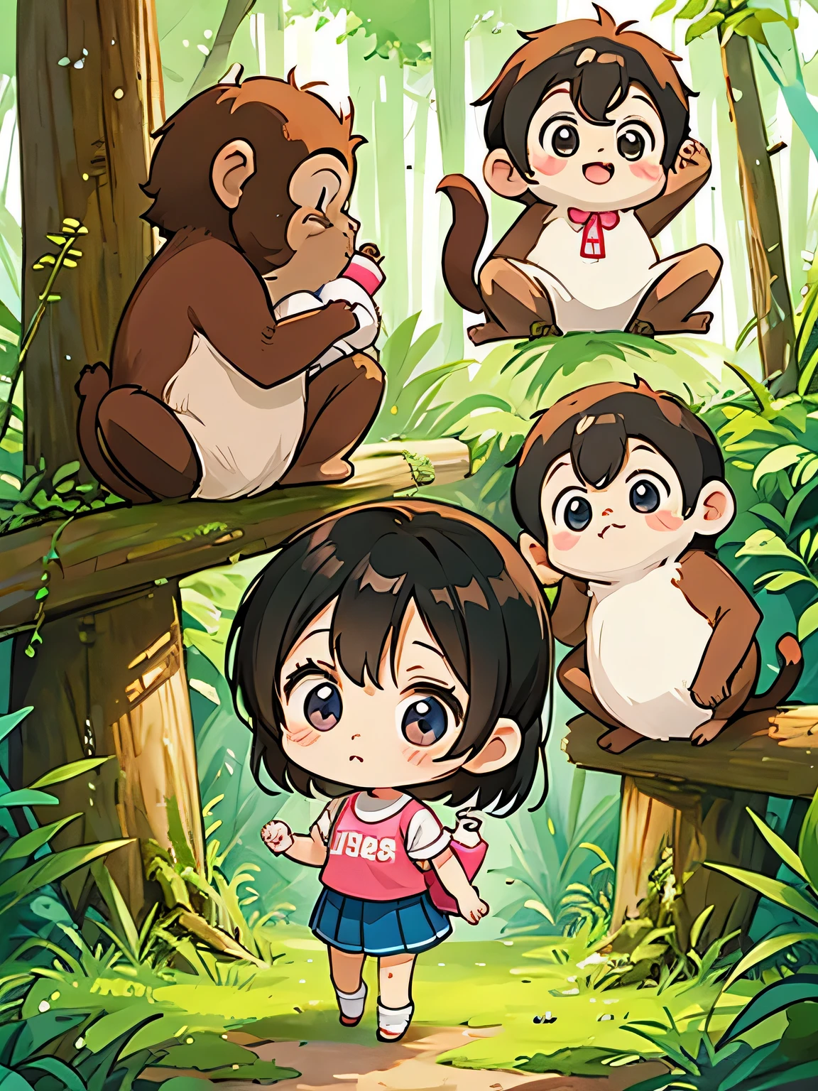 Ai Yazawa style, Kawaii Design, Chibi girl monkey, monkey Forest