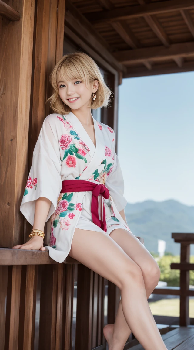 flying debris、highest quality、An illustration、highest quality、got it、High resolution、8k wallpaper、Perfect dynamic composition、(((Ezvian Everywhere)))、((From below))、Beautiful and cute 20 year old girl、Beautiful face in every detail、Delicate and cute eyes、Fine skin、Red cheeks.、shy、(Semi-short hair:1.3)、(wavy blonde hair)、Small breasts、Bold sexy pose、smile、Small breasts、Between the legs、Small Ass、Thin butt、Generated on the eaves.、Narrow shoulders、wavy blonde hair、blonde、Heart-shaped earrings、smile、、Gold Bracelets、At the festival、So you can see all the way to your feet、Summer festival、in yukata、Wear a yukata with a large floral pattern、Tie your hair back、Fireworks Festival Venue、