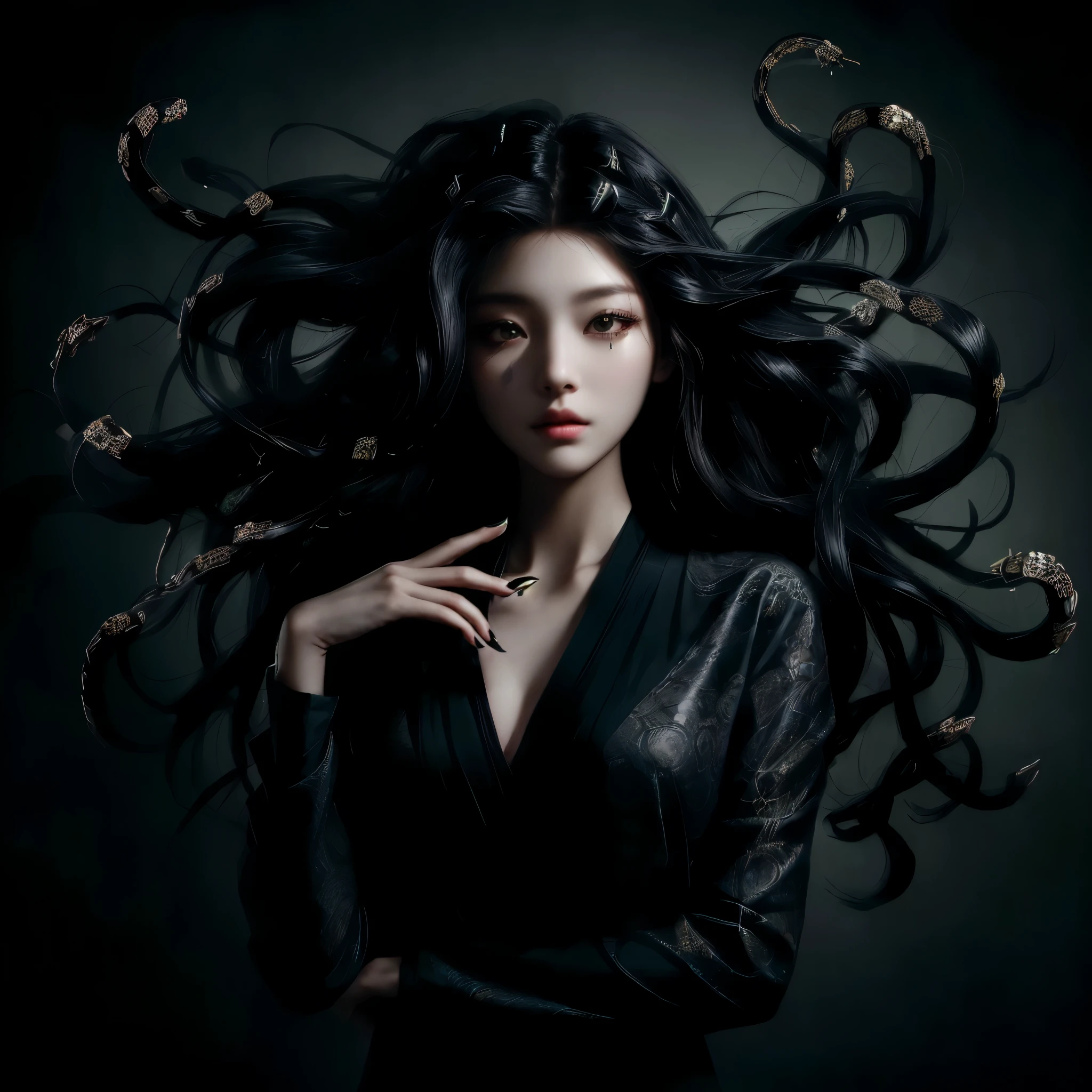 Modern Medusa、A young Japanese woman with dark hair poses for a photo, dark Portrait of Medusa, Many snakes like her hair, Dark Queen of Snakes, Woman medusa long hair, Long, flowing Medusa hair, Beautiful witch with long hair, Beautiful female gorgon, Goddess of Darkness with Six Arms, Portrait of Medusa, Boiling Medusa, Swirling black hair, Beautiful witch spooky woman、Her hair is made up of multiple detailed snakes