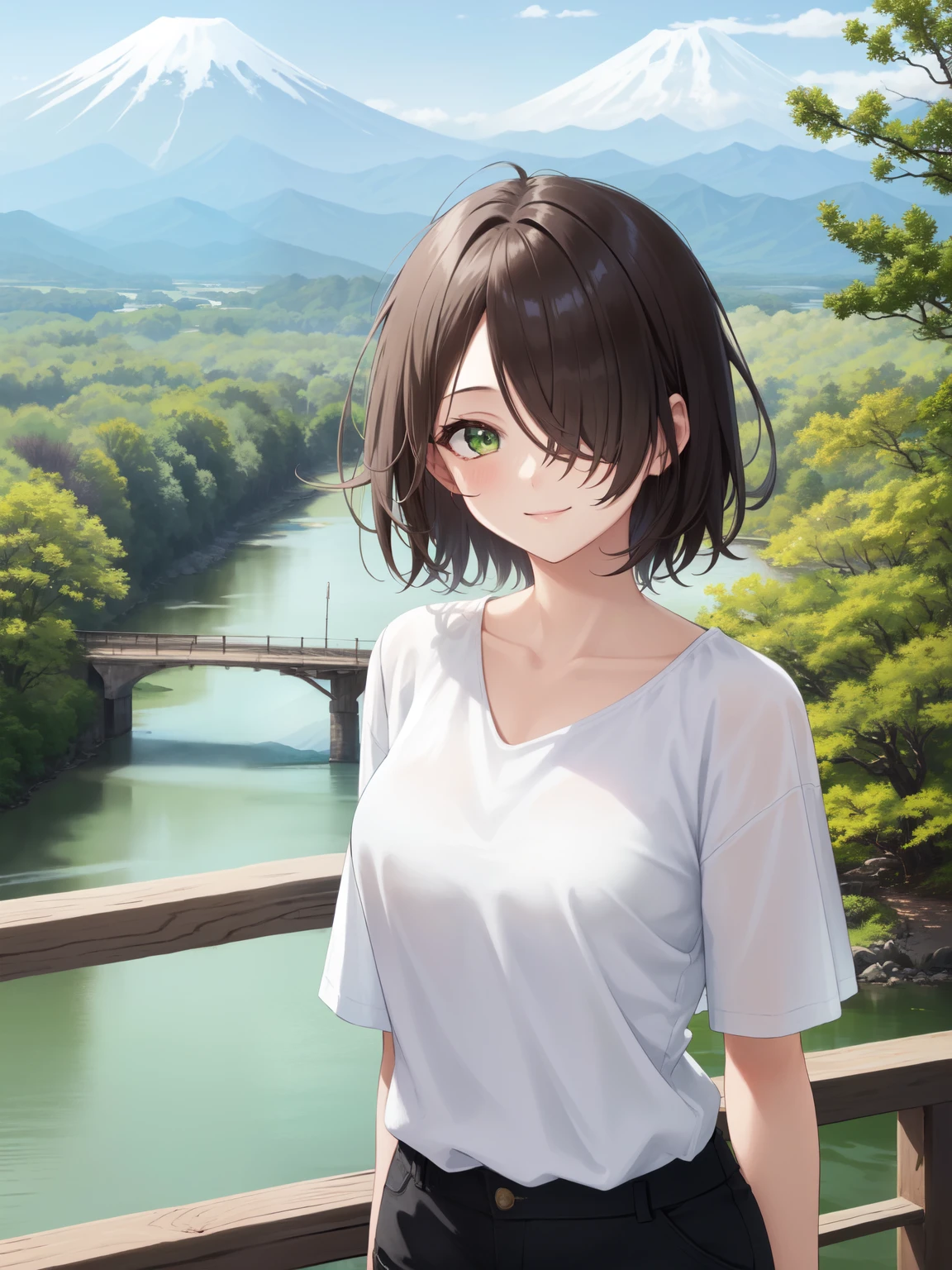 masterpiece, best quality, detailed background, 1girl, medium breasts, green eyes, dark brown hair, (hair over one eye:1.2), short hair, medium hair, messy hair, white shirt, black shorts, tree, fuji mountain, river, bridge, portrait, light smile