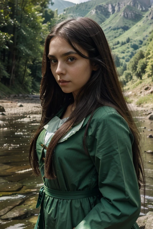 Costume, long hair, girl, big eyes, green mountains and green water,
