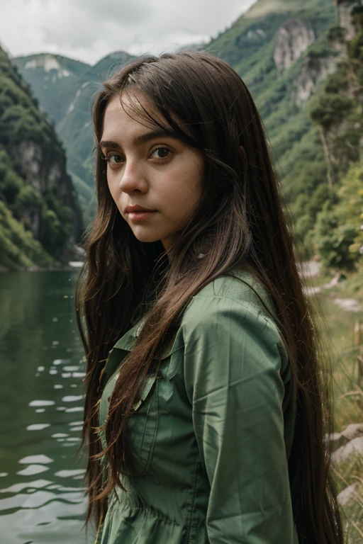 Costume, long hair, girl, big eyes, green mountains and green water,