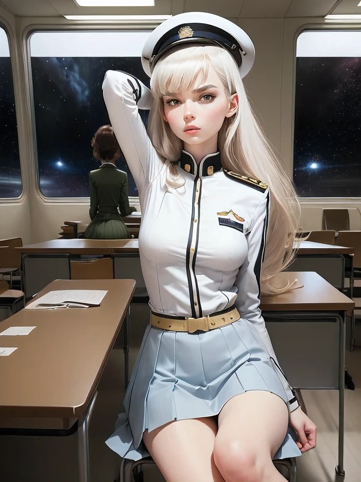 superflat, flat shading, flat colors, (masterpiece:1.2, best quality), (closeup), (2women:1.4), , slim, (white military outfit), pleated skirt, military hat, space cadet, sitting by desk, in classroom, put head on hand, bored, classmates in background, (spaceship interiors), futuristic, cosmos, watercolor