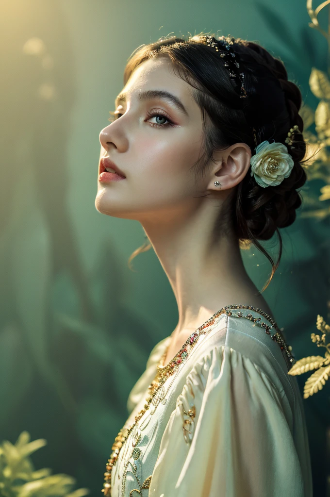 ( masterpiece, top quality, best quality,8k,17 years old girl,ultra detailed,raw photo:1.5),(photorealistic:1.4),(cinematic lighting), PerfectNwsjMajic, , Surrealism, UHD, ccurate, Super detail, textured skin, High detail, Best quality, dynamic angle, (high nose,White skin),[Beautiful blue eyes],(1girl),(good anatomy:0.5)), a woman in a dress, rococo queen, rococo fashion, rococo style portrait,rococo dress, rococo cyberpunk, No estilo de arte de Bowater, Senhora Vitoriana, Dreamy atmosphere,mystical ambiance, Artistic interpretation, a whimsical illustration, Subtle colors and tones, 