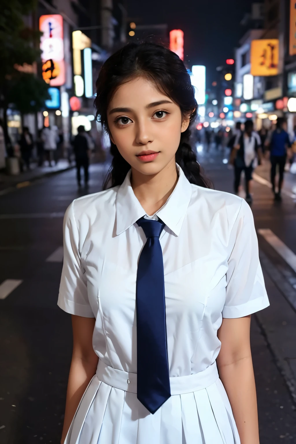 1girl, Tokyo street,night, cityscape,city lights, upper body,close-up, 8k, RAW photo, best quality, masterpiece,realistic, photo-realistic,white hijab, white frock and tue, blue tie, blue skirt