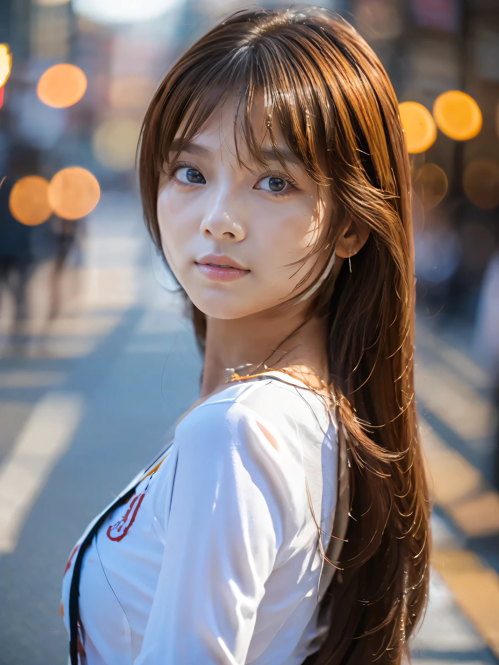 (1. Female), (The best quality at its best:1.4), (Super detailed), (Very detailed CG unified 16k), Beautiful woman with perfect figure: 1.4, Sharp focus: 1.2, Very detailed, High-quality RAW color photos, Professional photography, Great face and eyes, cosmetics, (Amazingly beautiful girl), ((Asuka)), ((shirt, Pleated mini skirt)), Are standing, Sexy posture,(Stylish cityscape, Dawn, Dawn:1.3), (View from below), Realistic movie faces, Wide zoomed out view of head to foot length, Full body long view, Realistic, ((Realistic natural orange red hairstyle, Realistic blue eyes, Long Hair)), nice, Very beautiful face, Perfect model beauty, Mouth swelling, Highly detailed face and skin texture, Fine grain, double eyelid, Medium chest, smile, Crack, west, (masterpiece), highest quality, High resolution, Very detailed, Blurred Background, Depth of written boundary, Cinema Lighting, Great legs, High heels, Clear, well-maintained skin, (((Women make up the majority of the photo)))