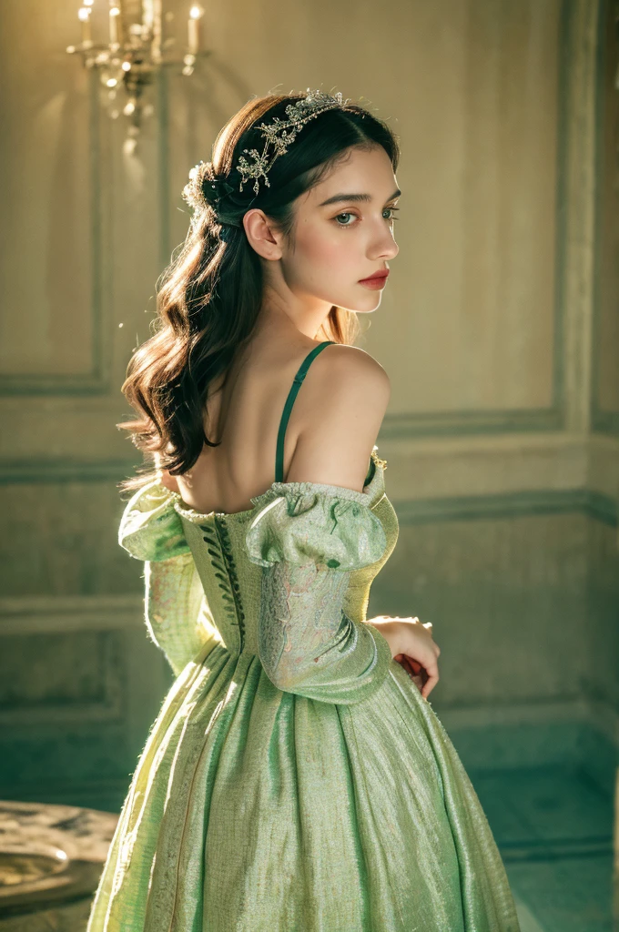 ( masterpiece, top quality, best quality,8k,17 years old girl,ultra detailed,raw photo:1.5),(photorealistic:1.4),(cinematic lighting), PerfectNwsjMajic, , Surrealism, UHD, ccurate, Super detail, textured skin, High detail, Best quality, dynamic angle, (high nose,White skin),[Beautiful blue eyes],(1girl),(good anatomy:0.5)), a woman in a dress, rococo queen, rococo fashion, rococo style portrait,rococo dress, rococo cyberpunk, No estilo de arte de Bowater, Senhora Vitoriana, Dreamy atmosphere,expressive brush strokes, mystical ambiance, Artistic interpretation, a whimsical illustration, Subtle colors and tones, 