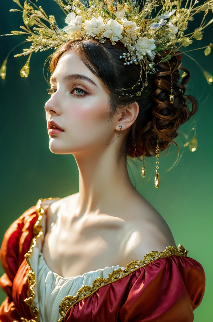 ( masterpiece, top quality, best quality,8k, girl,ultra detailed,raw photo:1.5),(photorealistic:1.4),(cinematic lighting), PerfectNwsjMajic, , Surrealism, UHD, ccurate, Super detail, textured skin, High detail, Best quality, dynamic angle, (high nose,White skin),[Beautiful blue eyes],(1girl),(good anatomy:0.5)), a woman in a dress, rococo queen, rococo fashion, rococo style portrait,rococo dress, rococo cyberpunk, No estilo de arte de Bowater, Senhora Vitoriana, Dreamy atmosphere,expressive brush strokes, mystical ambiance, Artistic interpretation, a whimsical illustration, Subtle colors and tones, 