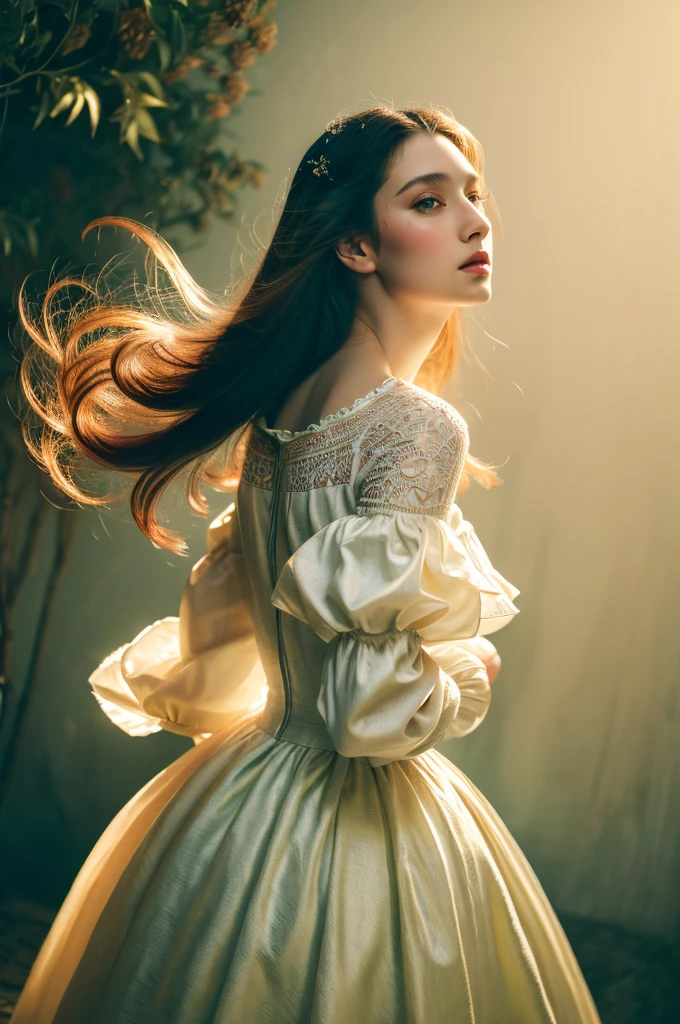( masterpiece, top quality, best quality,8k,17 years old girl,ultra detailed,raw photo:1.5),(photorealistic:1.4),(cinematic lighting), PerfectNwsjMajic, , Surrealism, UHD, ccurate, Super detail, textured skin, High detail, Best quality, dynamic angle, (high nose,White skin),[Beautiful blue eyes],(1girl),(good anatomy:0.5)), a woman in a dress, rococo queen, rococo fashion, rococo style portrait,rococo dress, rococo cyberpunk, No estilo de arte de Bowater, Senhora Vitoriana, Dreamy atmosphere,expressive brush strokes, mystical ambiance, Artistic interpretation, a whimsical illustration, Subtle colors and tones, 
